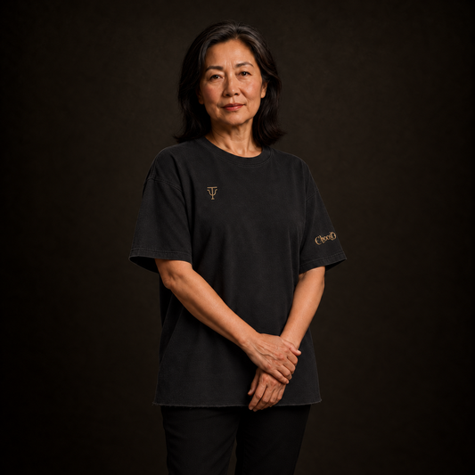 AI-generated illustrative model mockup of the Psycho-T Choose Faded Raw-Hem Tee in Faded Black; garment texture and sleeve artwork are approximate.